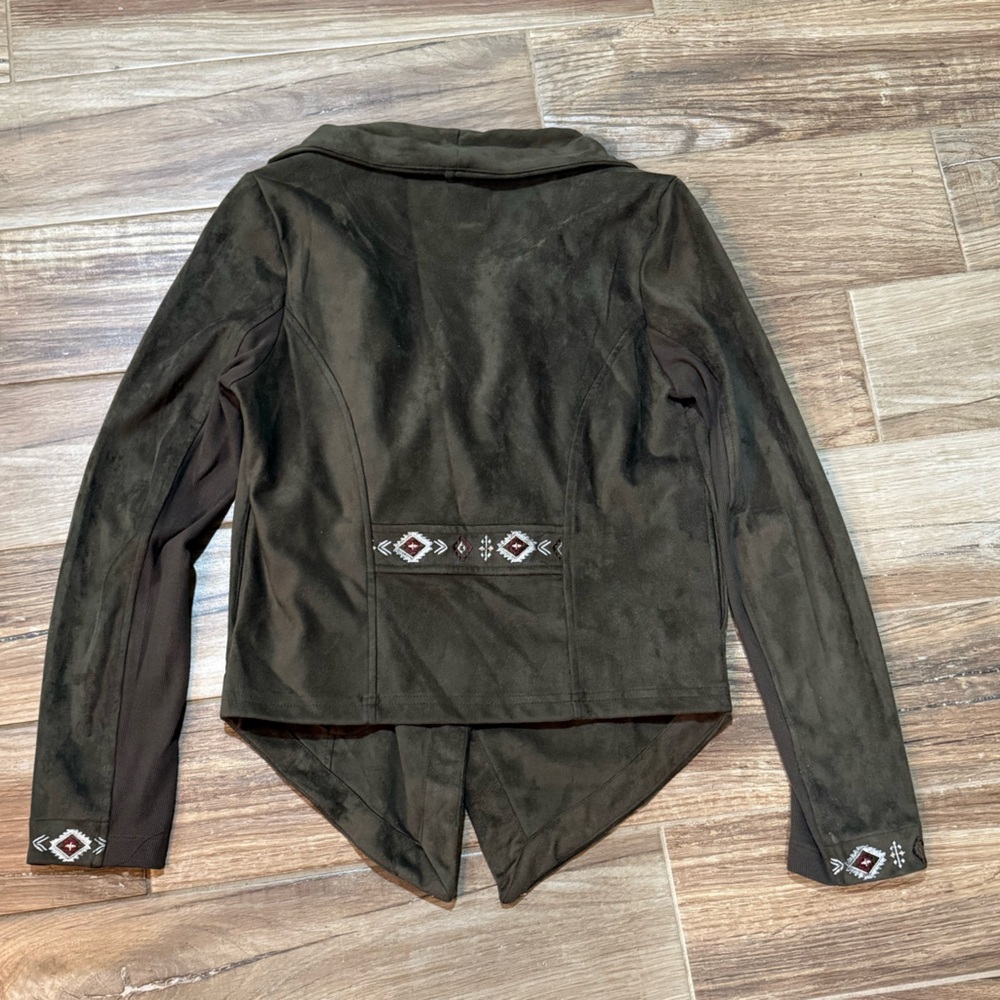 Driftwood Olive Green Faux Suede Moto Asymmetrical Zip Embroidered Jacket - Picture 4 of 5